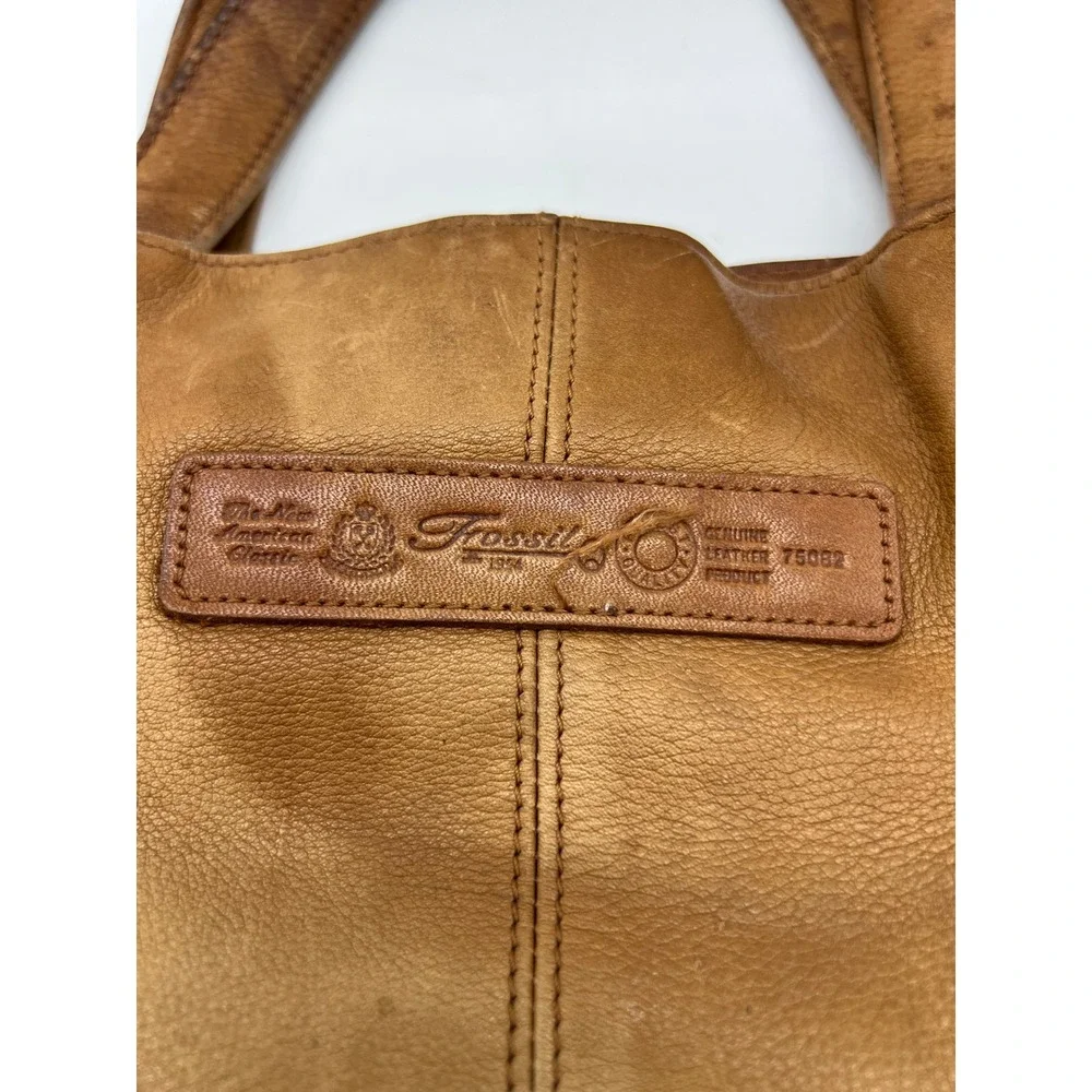 Boho Y2K Fossil Genuine Leather Handbag Satchel Tan Cognac minimalist, everday - Picture 7 of 12